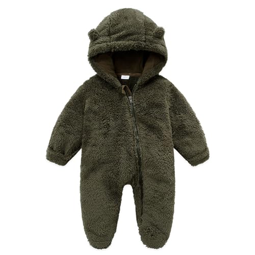 Yassiglia Baby Jungen Mädchen Strampler Herbst Winter Plüsch Overall Niedlich Bärenohr Schneeanzug Neugeborene Warmer Jumpsuit mit Kapuze und Reißverschluss (Armee Grün, 6-9 Months) von Yassiglia