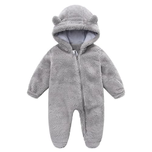 Yassiglia Baby Jungen Mädchen Strampler Herbst Winter Plüsch Overall Niedlich Bärenohr Schneeanzug Neugeborene Warmer Jumpsuit mit Kapuze und Reißverschluss (Grau, 3-6 Months) von Yassiglia