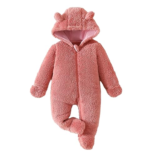 Yassiglia Baby Jungen Mädchen Strampler Herbst Winter Plüsch Overall Niedlich Bärenohr Schneeanzug Neugeborene Warmer Jumpsuit mit Kapuze und Reißverschluss (Rosa, 0-3 Months) von Yassiglia