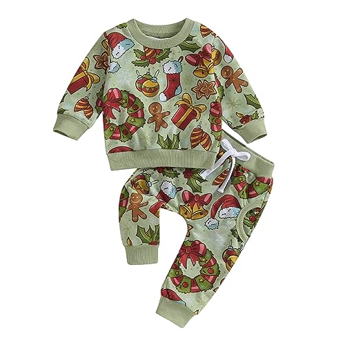 Yassiglia Baby Jungen Mädchen Weihnachten Kleidung Set Kleinkind Weihnachtsoutfit Neugeborene Xmas Zweiteiler Outfit Santa Gedrucktes Sweatshirt + Hose Set (Grün, 18-24 Months) von Yassiglia