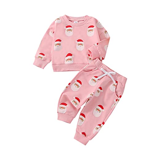 Yassiglia Baby Jungen Mädchen Weihnachten Kleidung Set Kleinkind Weihnachtsoutfit Neugeborene Xmas Zweiteiler Outfit Santa Gedrucktes Sweatshirt + Hose Set (Rosa Santa, 6-12 Months) von Yassiglia