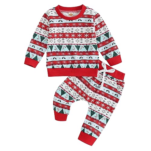 Yassiglia Baby Jungen Mädchen Weihnachten Kleidung Set Kleinkind Weihnachtsoutfit Neugeborene Xmas Zweiteiler Outfit Santa Gedrucktes Sweatshirt + Hose Set (Rot Schneeflocke, 12-18 Months) von Yassiglia