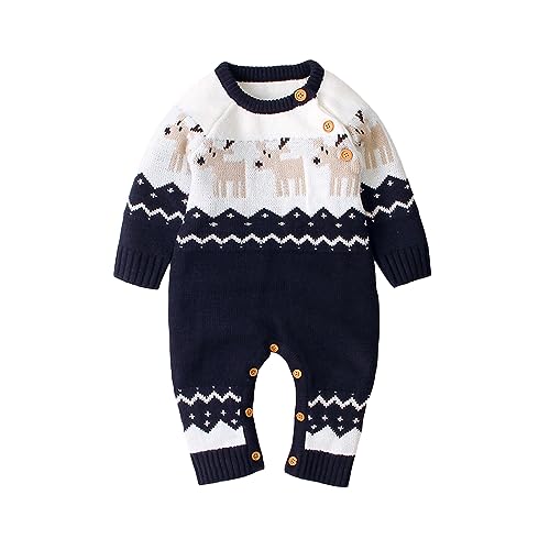 Yassiglia Baby Jungen Mädchen Weihnachten Overall Neugeborene Langarm Gestrickte Strampler Winter Warm Strickoverall Weihnachtsoutfit (Blau, 3-6 Months) von Yassiglia