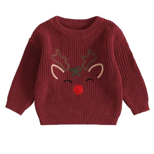 Yassiglia Baby Jungen Mädchen Weihnachten Strickpullover Langarm Rundhals Gestricktes Sweatshirt Kinder Niedliches Druck Weihnachtspullover Neugeborene Weihnachtsoutfit (Rot-Hirsch, 9-12 Months) von Yassiglia