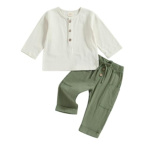 Yassiglia Baby Jungen Musselin Kleidung Set Kleinkind Herbst Zweiteiler Outfit Weiche Bekleidungssets für Kinder Langarm Hemd + Hose (Beige Grün, 12-18 Months) von Yassiglia