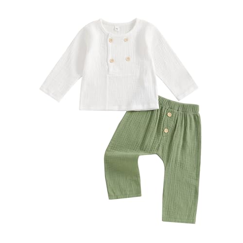 Yassiglia Baby Jungen Musselin Kleidung Set Kleinkind Herbst Zweiteiler Outfit Weiche Bekleidungssets für Kinder Langarm Hemd + Hose (Grün, 2-3T) von Yassiglia