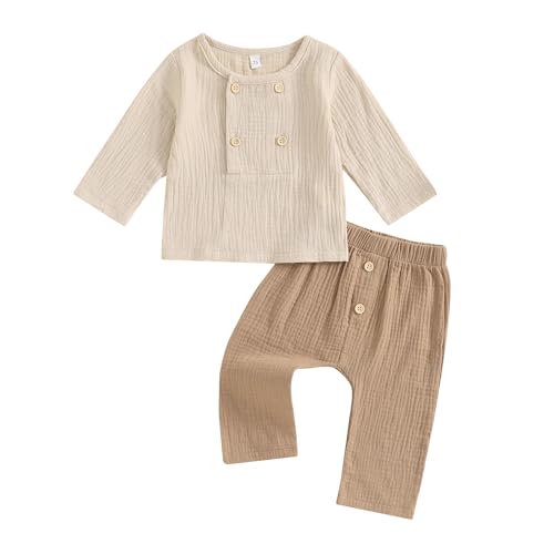 Yassiglia Baby Jungen Musselin Kleidung Set Kleinkind Herbst Zweiteiler Outfit Weiche Bekleidungssets für Kinder Langarm Hemd + Hose (Khaki, 12-18 Months) von Yassiglia
