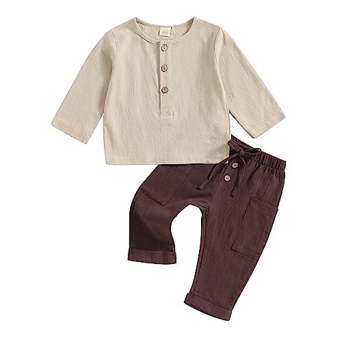 Yassiglia Baby Jungen Musselin Kleidung Set Kleinkind Herbst Zweiteiler Outfit Weiche Bekleidungssets für Kinder Langarm Hemd + Hose (Khaki Kaffee, 18-24 Months) von Yassiglia