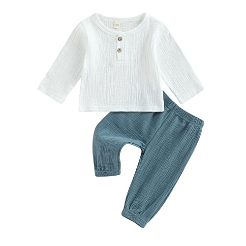 Yassiglia Baby Jungen Musselin Kleidung Set Kleinkind Herbst Zweiteiler Outfit Weiche Bekleidungssets für Kinder Langarm Hemd + Hose (Weiß Blau, 12-18 Months) von Yassiglia