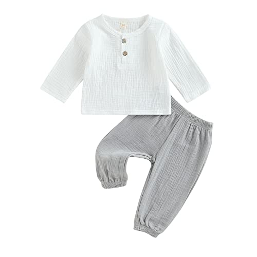 Yassiglia Baby Jungen Musselin Kleidung Set Kleinkind Herbst Zweiteiler Outfit Weiche Bekleidungssets für Kinder Langarm Hemd + Hose (Weiß Grau, 18-24 Months) von Yassiglia