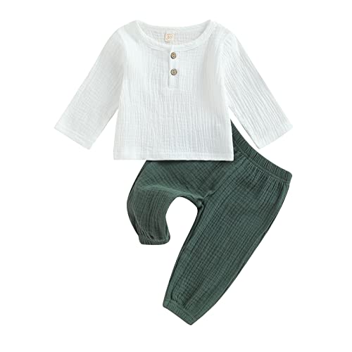 Yassiglia Baby Jungen Musselin Kleidung Set Kleinkind Herbst Zweiteiler Outfit Weiche Bekleidungssets für Kinder Langarm Hemd + Hose (Weiß Grün, 18-24 Months) von Yassiglia