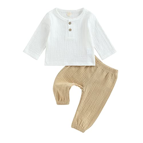 Yassiglia Baby Jungen Musselin Kleidung Set Kleinkind Herbst Zweiteiler Outfit Weiche Bekleidungssets für Kinder Langarm Hemd + Hose (Weiß Khaki, 3-4T) von Yassiglia