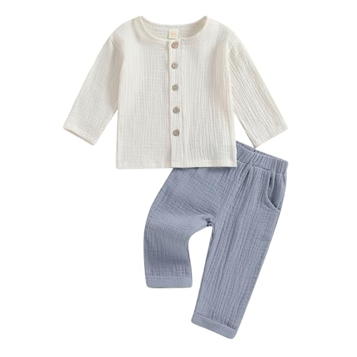 Yassiglia Baby Jungen Musselin Kleidung Set Kleinkinder Sommer Herbst 2-teiliges Outfit Button Down Langarm-T-Shirt + Lange Hosen Loungewear (Blau, 2-3T) von Yassiglia