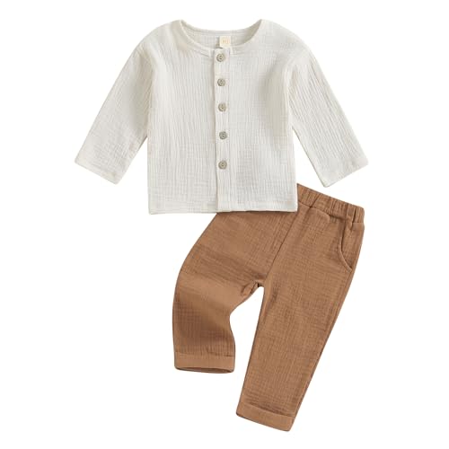 Yassiglia Baby Jungen Musselin Kleidung Set Kleinkinder Sommer Herbst 2-teiliges Outfit Button Down Langarm-T-Shirt + Lange Hosen Loungewear (Braun, 6-12 Months) von Yassiglia