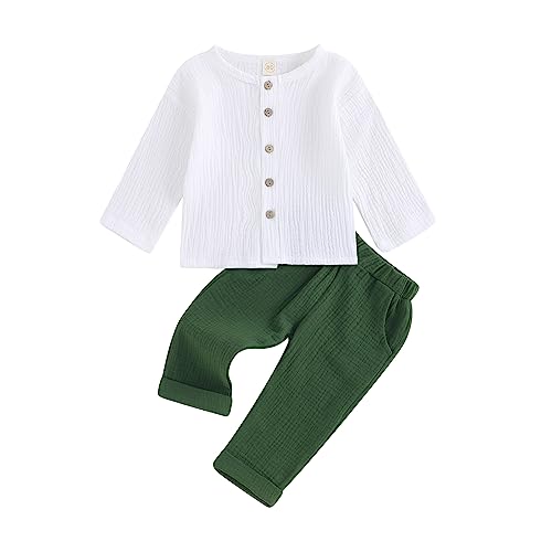 Yassiglia Baby Jungen Musselin Kleidung Set Kleinkinder Sommer Herbst 2-teiliges Outfit Button Down Langarm-T-Shirt + Lange Hosen Loungewear (Dunkel Grün, 12-18 Months) von Yassiglia