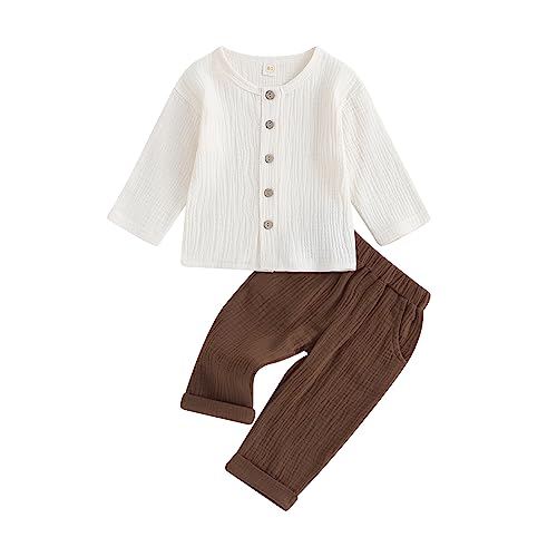 Yassiglia Baby Jungen Musselin Kleidung Set Kleinkinder Sommer Herbst 2-teiliges Outfit Button Down Langarm-T-Shirt + Lange Hosen Loungewear (Dunkel Kaffee, 3-4T) von Yassiglia