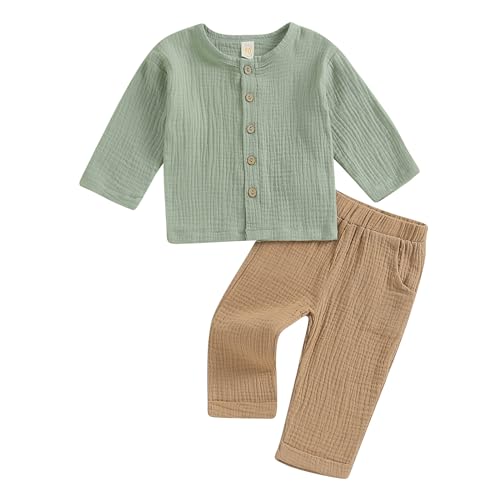 Yassiglia Baby Jungen Musselin Kleidung Set Kleinkinder Sommer Herbst 2-teiliges Outfit Button Down Langarm-T-Shirt + Lange Hosen Loungewear (Grün, 12-18 Months) von Yassiglia