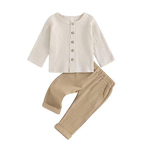 Yassiglia Baby Jungen Musselin Kleidung Set Kleinkinder Sommer Herbst 2-teiliges Outfit Button Down Langarm-T-Shirt + Lange Hosen Loungewear (Khaki, 18-24 Months) von Yassiglia
