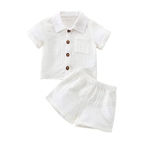 Yassiglia Baby Jungen Musselin Kleidung Set Weiche Bekleidungssets für Kleinkind Sommer Baumwolle-Leinen Outfit Kurzarm Revers Hemd + Shorts (Beige, 12-18 Months) von Yassiglia