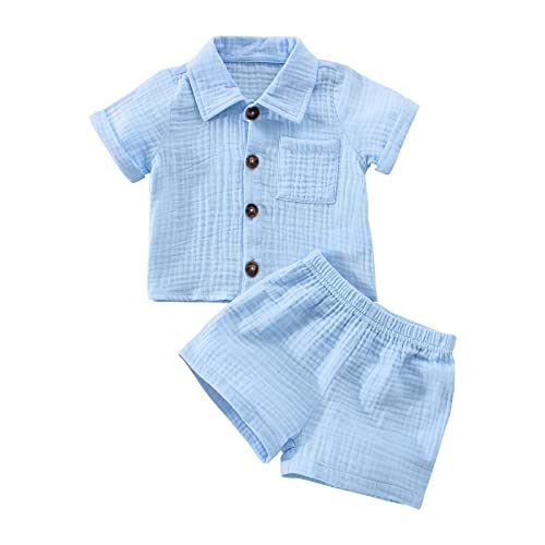 Yassiglia Baby Jungen Musselin Kleidung Set Weiche Bekleidungssets für Kleinkind Sommer Baumwolle-Leinen Outfit Kurzarm Revers Hemd + Shorts (Blau, 0-6 Months) von Yassiglia