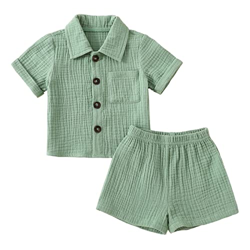 Yassiglia Baby Jungen Musselin Kleidung Set Weiche Bekleidungssets für Kleinkind Sommer Baumwolle-Leinen Outfit Kurzarm Revers Hemd + Shorts (Grün, 2-3T) von Yassiglia