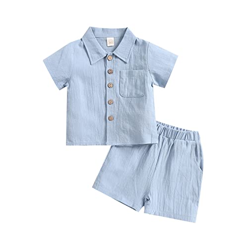 Yassiglia Baby Jungen Musselin Kleidung Set Weiche Bekleidungssets für Kleinkind Sommer Baumwolle-Leinen Outfit Kurzarm Revers Hemd + Shorts (Hell Blau, 18-24 Months) von Yassiglia