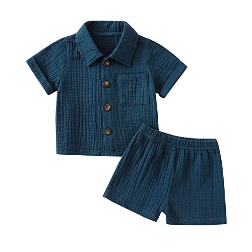 Yassiglia Baby Jungen Musselin Kleidung Set Weiche Bekleidungssets für Kleinkind Sommer Baumwolle-Leinen Outfit Kurzarm Revers Hemd + Shorts (Navy Blau, 2-3T) von Yassiglia