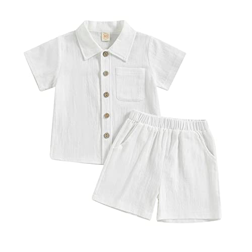 Yassiglia Baby Jungen Musselin Kleidung Set Weiche Bekleidungssets für Kleinkind Sommer Baumwolle-Leinen Outfit Kurzarm Revers Hemd + Shorts (Weiß, 6-12 Months) von Yassiglia