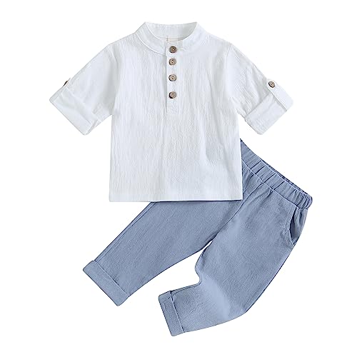Yassiglia Baby Jungen Sommer Herbst Kleidung Set Baumwolle-Leinen Outfit Musselin Bekleidungssets für Kleinkinder Kurzarm Shirt und Lange Hose (Blau, 6-12 Months) von Yassiglia