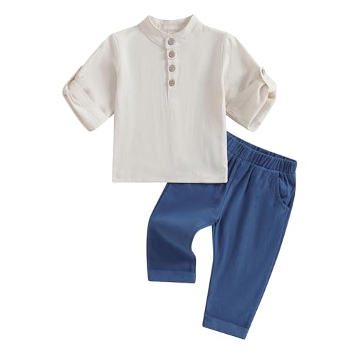 Yassiglia Baby Jungen Sommer Herbst Kleidung Set Baumwolle-Leinen Outfit Musselin Bekleidungssets für Kleinkinder Kurzarm Shirt und Lange Hose (Dunkel Blau, 90) von Yassiglia