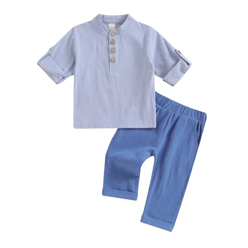 Yassiglia Baby Jungen Sommer Herbst Kleidung Set Baumwolle-Leinen Outfit Musselin Bekleidungssets für Kleinkinder Kurzarm Shirt und Lange Hose (Hell Blau, 90) von Yassiglia