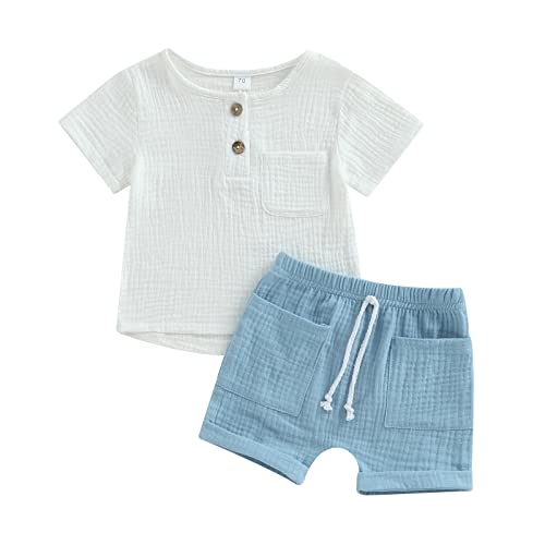 Yassiglia Baby Jungen Sommer Zweiteiler Outfit Musselin Kleidung Set Neugeborene Weiche Bekleidungssets Leinen T-Shirt + Elastische Shorts (Weiß+Blau, 0-6 Months) von Yassiglia
