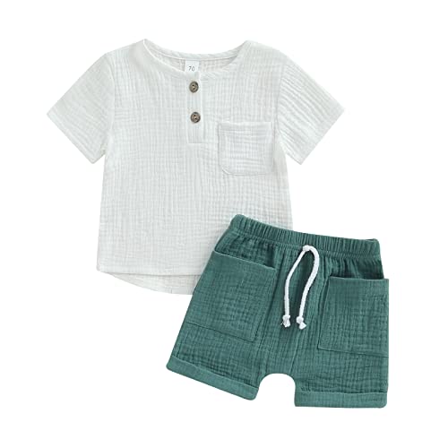 Yassiglia Baby Jungen Sommer Zweiteiler Outfit Musselin Kleidung Set Neugeborene Weiche Bekleidungssets Leinen T-Shirt + Elastische Shorts (Weiß+Grün, 2-3T) von Yassiglia