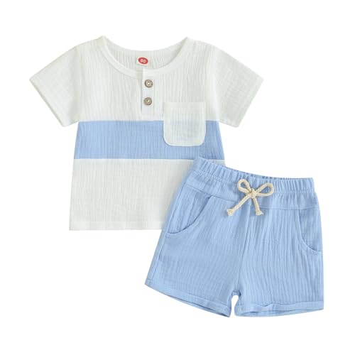 Yassiglia Baby Jungen Sommer Zweiteiler Outfit Musselin Kleidung Set Neugeborene Weiche Bekleidungssets Leinen T-Shirt + Elastische Shorts (Weiß Blau, 6-12 Months) von Yassiglia