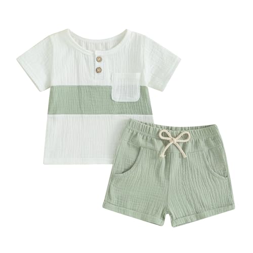 Yassiglia Baby Jungen Sommer Zweiteiler Outfit Musselin Kleidung Set Neugeborene Weiche Bekleidungssets Leinen T-Shirt + Elastische Shorts (Weiß Grün, 0-6 Months) von Yassiglia