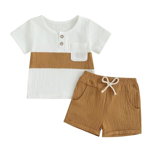 Yassiglia Baby Jungen Sommer Zweiteiler Outfit Musselin Kleidung Set Neugeborene Weiche Bekleidungssets Leinen T-Shirt + Elastische Shorts (Weiß Khaki, 12-18 Months) von Yassiglia