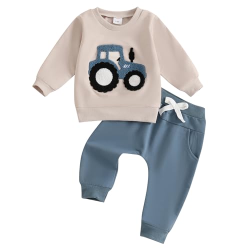 Yassiglia Baby Jungen Weiche Bekleidungssets Kleinkind Niedliches Zweiteiler Outfit Langarm Traktor Druck Sweatshirt und Hose Set Herbst Winter Jogginganzug (Blau, 3-6 Months) von Yassiglia