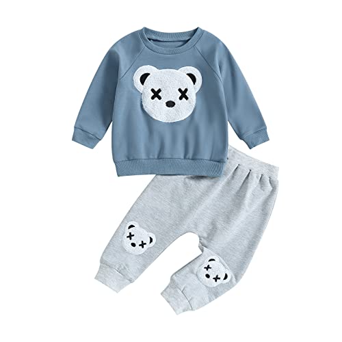 Yassiglia Baby Mädchen Jungen Kleidung Herbst Winter Zweiteiler Outfit Junge Niedliches Bärchen-Set Kleinkind Weiche Bekleidungssets Langarm Sweatshirt Top + Hose (Blau grau, 18-24 Months) von Yassiglia