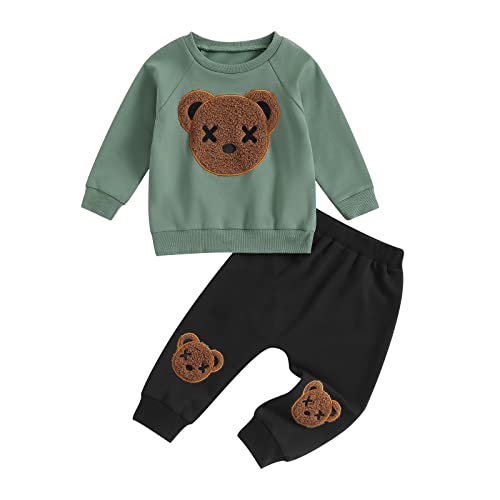 Yassiglia Baby Mädchen Jungen Kleidung Herbst Winter Zweiteiler Outfit Junge Niedliches Bärchen-Set Kleinkind Weiche Bekleidungssets Langarm Sweatshirt Top + Hose (Grün schwarz, 12-18 Months) von Yassiglia