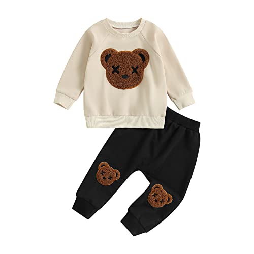 Yassiglia Baby Mädchen Jungen Kleidung Herbst Winter Zweiteiler Outfit Junge Niedliches Bärchen-Set Kleinkind Weiche Bekleidungssets Langarm Sweatshirt Top + Hose (Khaki schwarz, 3-4 Years) von Yassiglia