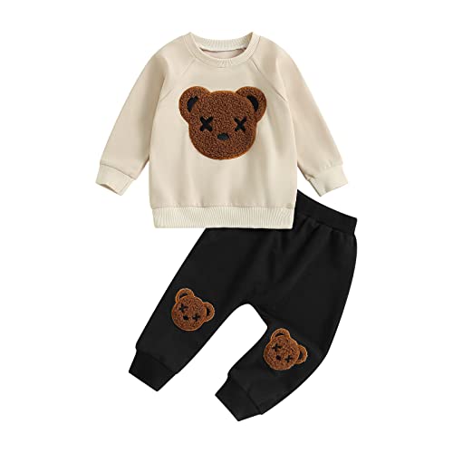 Yassiglia Baby Mädchen Jungen Kleidung Herbst Winter Zweiteiler Outfit Junge Niedliches Bärchen-Set Kleinkind Weiche Bekleidungssets Langarm Sweatshirt Top + Hose (Khaki schwarz, 4-5 Years) von Yassiglia