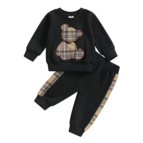 Yassiglia Baby Mädchen Jungen Kleidung Herbst Winter Zweiteiler Outfit Junge Niedliches Bärchen-Set Kleinkind Weiche Bekleidungssets Langarm Sweatshirt Top + Hose (Schwarz, 0-3 Months) von Yassiglia