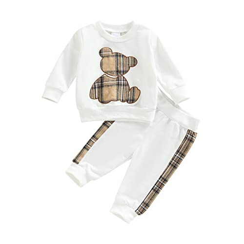 Yassiglia Baby Mädchen Jungen Kleidung Herbst Winter Zweiteiler Outfit Junge Niedliches Bärchen-Set Kleinkind Weiche Bekleidungssets Langarm Sweatshirt Top + Hose (Weiß, 9-12 Months) von Yassiglia