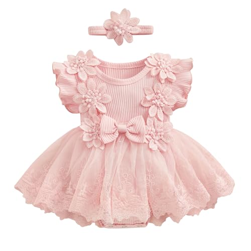 Yassiglia Baby Mädchen Kleid 2 Stück Outfits Mesh Lace Patchwork Ruffle Romper Kleid und Stirnband Negeborene Baby Kleidung Set (Rosa, 0-3 Months) von Yassiglia