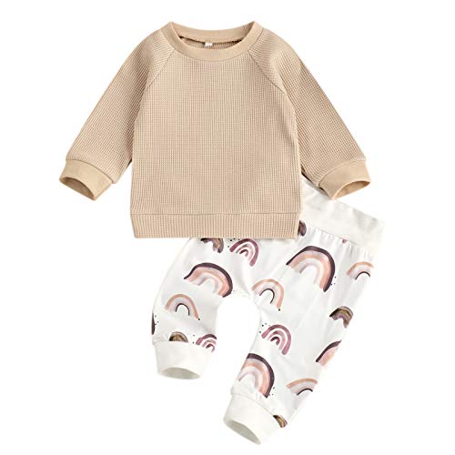 Yassiglia Baby Mädchen Kleidung Set Neugeborene Süßes Zweiteiler Outfit Kleinkind Herbst Winter Bekleidungssets Sweatshirt + Lange Hose (Khaki weiß, 0-6 Months) von Yassiglia