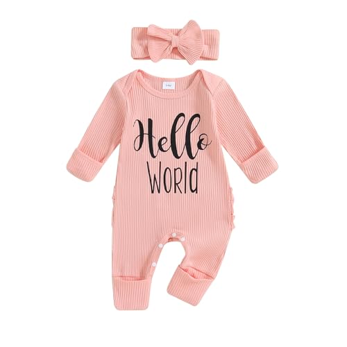 Yassiglia Baby Mädchen Langarm Strampler Neugeborene Gerippte Overall Brief Druck Jumpsuit Kuschelig Kleidung Set Weicher Schlafanzug + Stirnband (Hello World, 0-3 Months) von Yassiglia