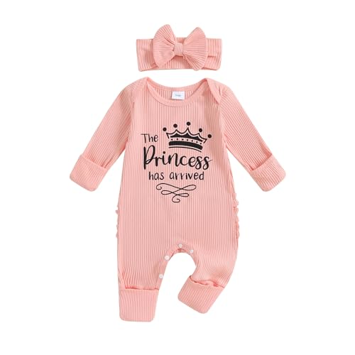 Yassiglia Baby Mädchen Langarm Strampler Neugeborene Gerippte Overall Brief Druck Jumpsuit Kuschelig Kleidung Set Weicher Schlafanzug + Stirnband (Princess, Newborn) von Yassiglia