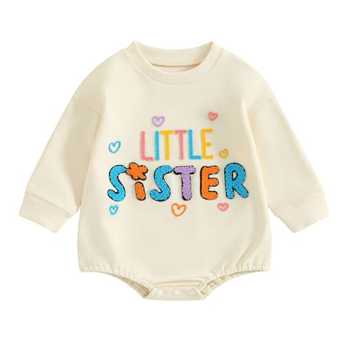 Yassiglia Baby Mädchen Schwester Matching Outfit Kinder Sweatshirt Neugeborene Langarm Strampler Big Sister Little Sister Outfits Herbst Kleidung (Beige-B, 0-3 Months) von Yassiglia