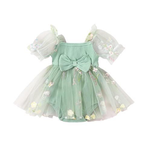 Yassiglia Baby Mädchen Sommer Kleidung Outfit Neugeborenes Strampler Kleid Kurze Puffärmel Gerippt Bodysuit Niedliches Prinzessin Tüllkleid (Grün, 0-3 Months) von Yassiglia