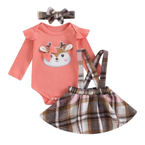 Yassiglia Baby Mädchen Weihnachten Bekleidungsset Neugeborene Weihnachtskleid Set Langarm Strampler+ Karierter Strapsrock + Stirnband Weihnachtsoutfit (Rosa, 0-3 Months) von Yassiglia